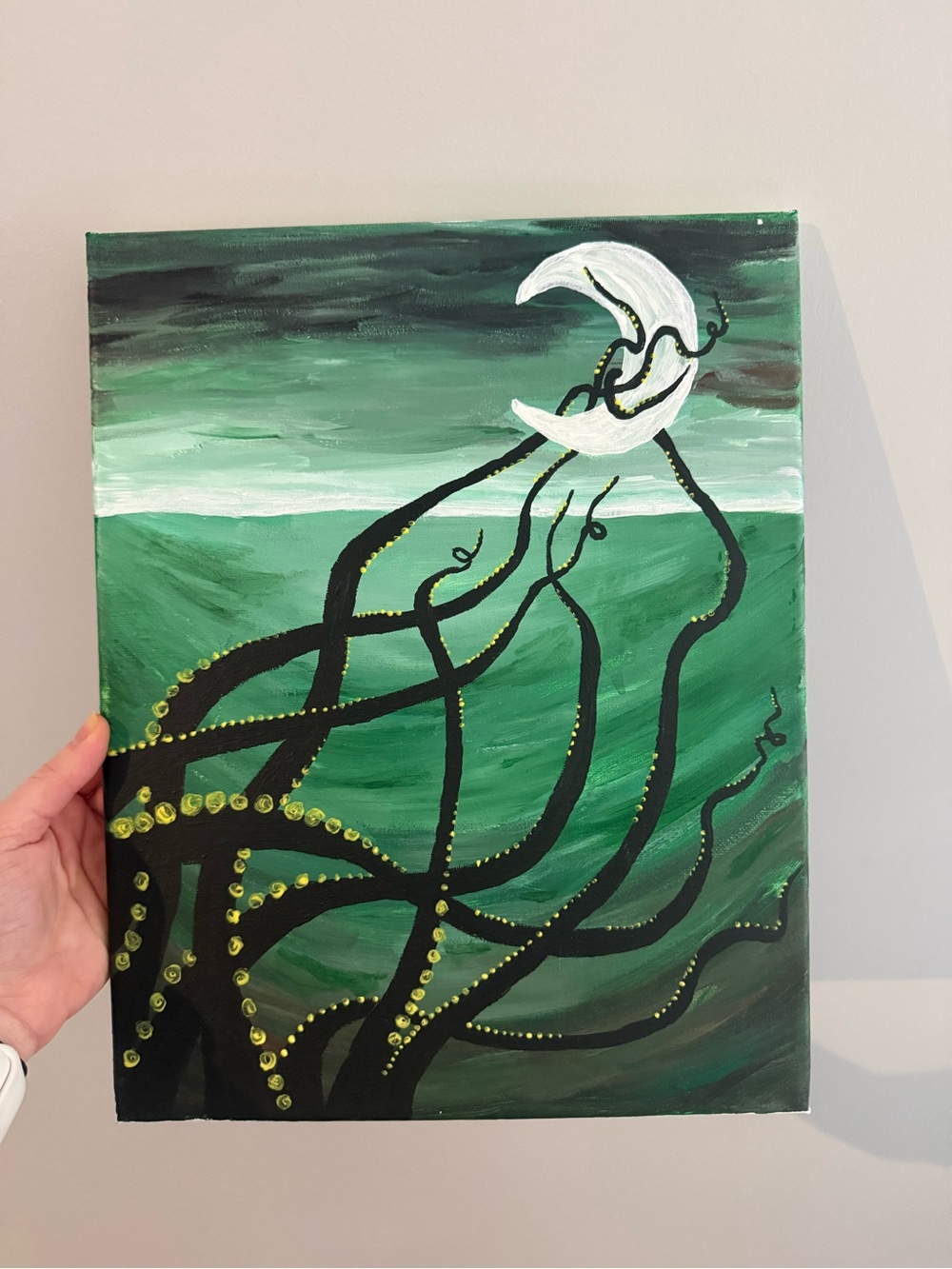 Handmade Green Octopus Moon Canvas Art